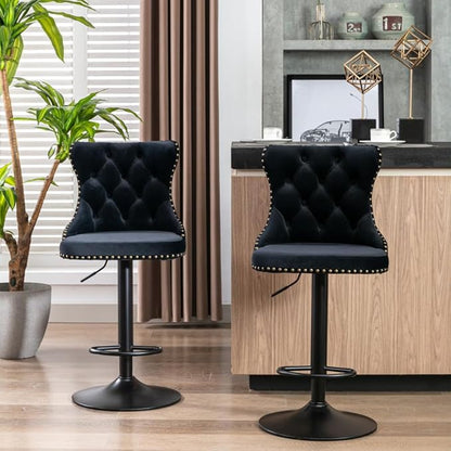 17.7 inch Base, Modern Upholstered Bar Stools with Backs Comfortable Tufted for Home Pub and Kitchen Island,Gray,Set of 2 (Black + Velvet + Foam-4)