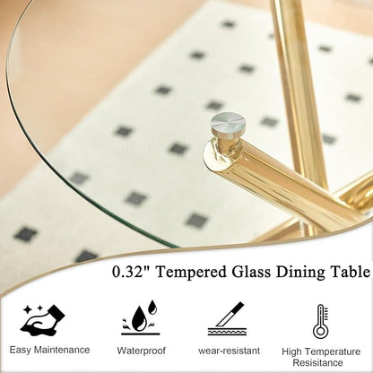 36" Round Dining Table for 4, Modern Clear Glass Kitchen Table for 4 with Gold Cross Metal Legs, Contemporary Small Circle Dining Room Leisure Tables for Kitchen Apartment