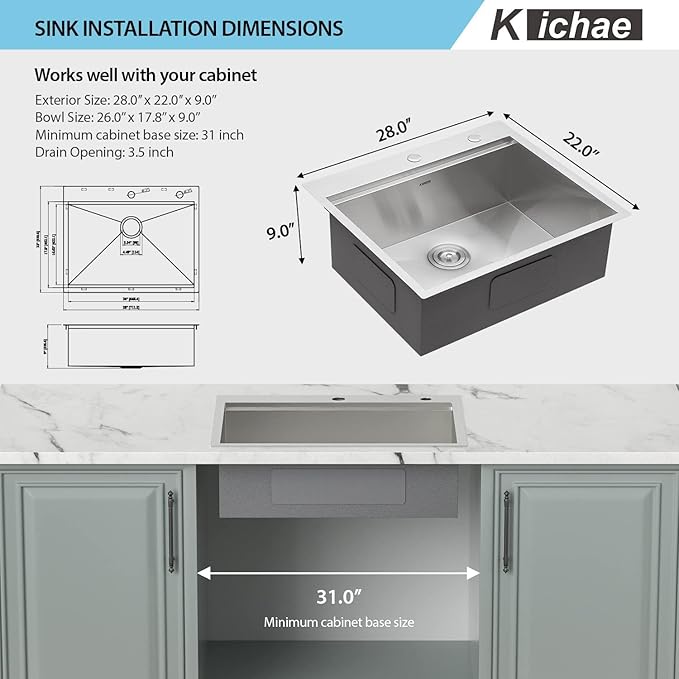 Kichae 28 Kitchen Sink Drop In - 28x22 Inch Drop Sink Workstation Stainless Steel Single Bowl Topmount Overmount Kitchen Sink Handmade Basin