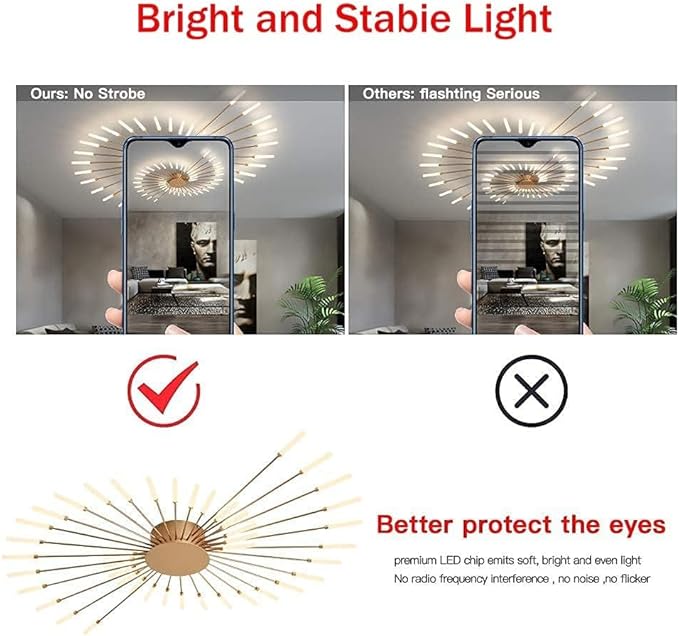 JAYMP 50.4" Ceiling Light Modern Flower Shape Ceiling Lamp for Living Room Dining Room Flush Mount Metal Acrylic Sputnik Firework Petal LED Lighting Fixture (Matte Gold, 42 Lights)