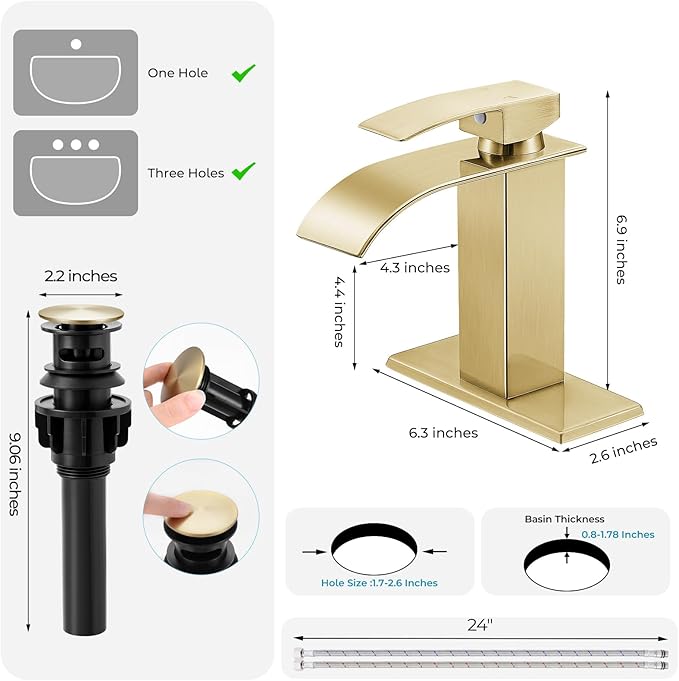 Brushed Gold Bathroom Faucets, Waterfall Bathroom Sink Faucet Modern Single Handle Bathroom Faucte 1 or 3 Hole, RV Mixer Tap Vanity Faucet - Includes Pop-up Drain Supply Hoses Deck Plate