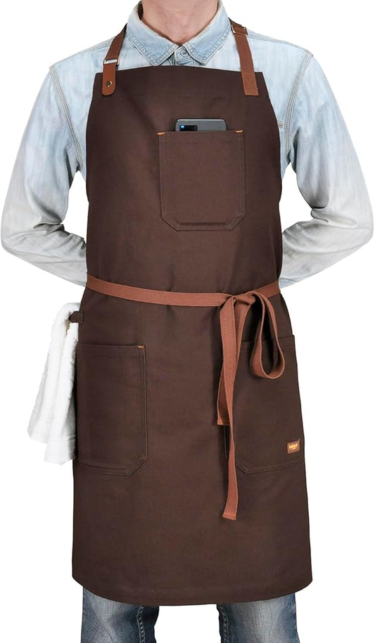 Chef Apron with Pockets, Professional Kitchen Cooking Grill BBQ Baking Apron for Men Women, Bib with Towel Loop and Adjustable Neck Strap (Brown)