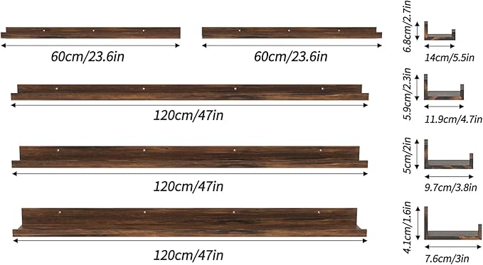 Giftgarden 47 Inch Long Floating Shelves for Wall Set of 5, Rustic Wood Wall Shelves for Bathroom, Bedroom, Kitchen, Living Room Storage and Decoration, Brown Picture Ledge