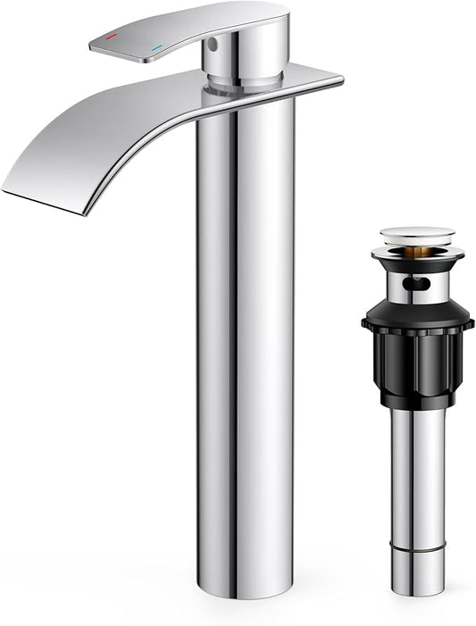 FORIOUS Waterfall Bathroom Vessel Sink Faucets with Metal Pop up Drain and Lead-Free cUPC Hose, Chrome Single Handle Tall Bathroom Faucet 1 Hole, 11inch for Bath,Vessel