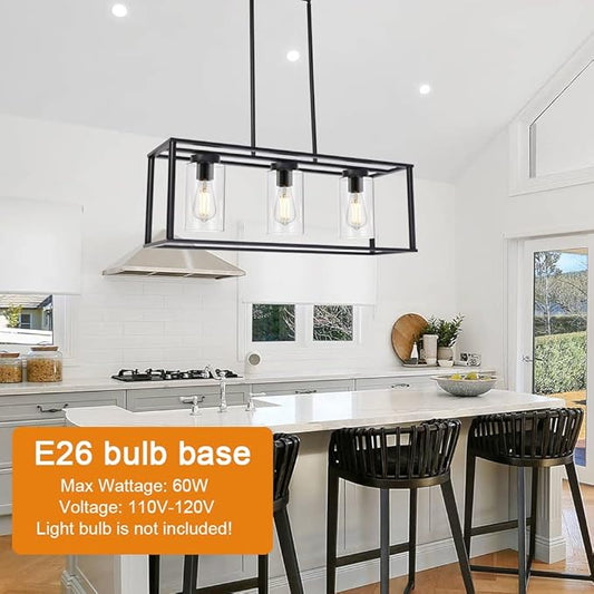 VINLUZ Contemporary Chandeliers Black 3 Light Modern Dining Room Lighting Fixtures Hanging, Kitchen Island Cage Linear Pendant Lights Farmhouse Flush Mount Ceiling Light with Glass Shade