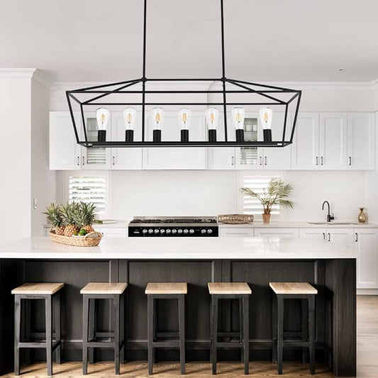VINLUZ 38.4-Inch 7 Light Contemporary Dining Room Chandelier,Farmhouse Hanging Ceiling Kitchen Island Lighting in Matte Black Finish Rectangle Modern Pendant Light Adjustable Height