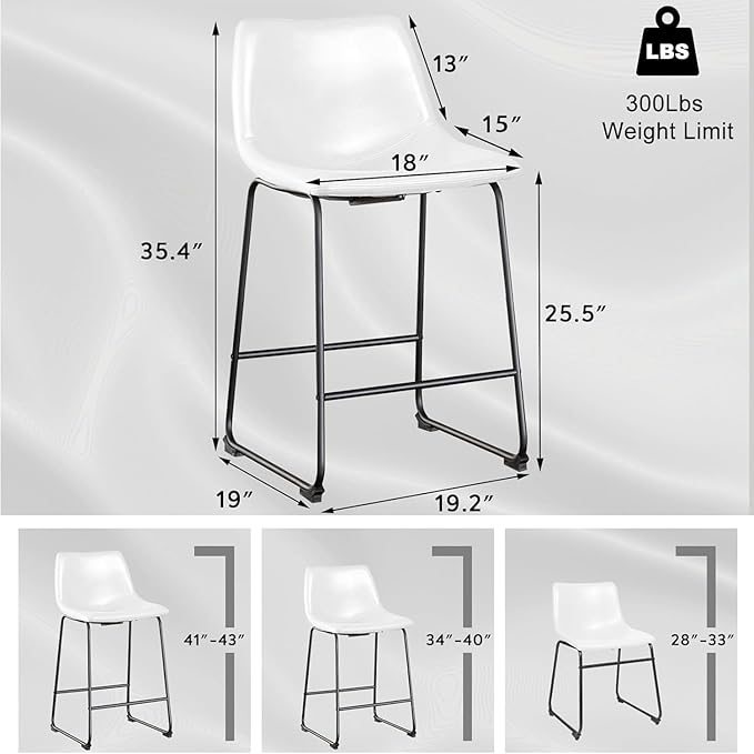 LEMBERI 26 inch Bar Stools Set of 2, Modern Counter Height Bar Stools, Faux Leather Barstool with Back and Metal Leg, Armless Bar Chairs for Kitchen Island (White, 2pcs 26")