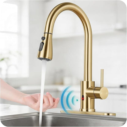 Touchless Kitchen Faucet with Pull Down Sprayer - Brushed Gold Single Handle Kitchen Faucets, High Arc Stainless Steel Pull Out Kitchen Sink Faucet with Deck for RV Laundry Farmhouse Bar