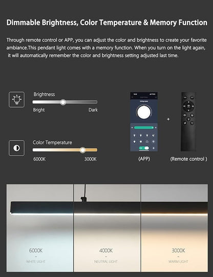 Modern Black Linear Pendant Lights Kitchen Island Lighting Minimalist Led Chandeliers Pool Table Light Dimmable Ceiling Hanging Light Fixture Dining Room with Remote Control (47in)