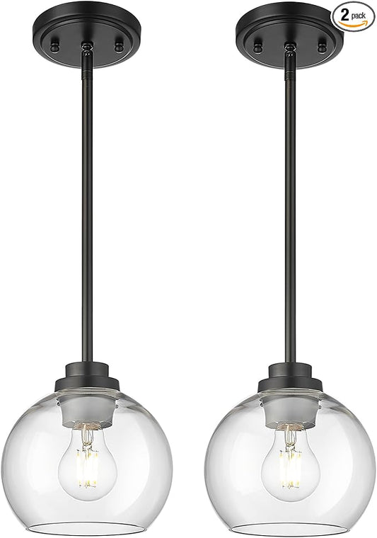 Pendant Lights Kitchen Island 2 Pack, 7" Modern Black Hanging Lights Fixtures with Clear Glass Globe Shade, Kitchen Island Lighting for Bathroom, AD-22280-1P2-BK-C