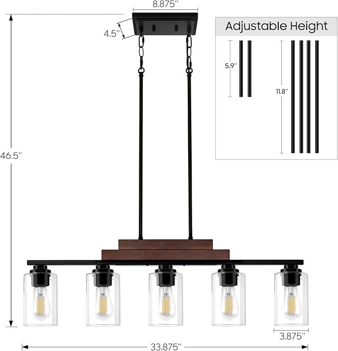 Dining Room Light Fixture Over Table, 5-Light Farmhouse Chandeliers for Dining Room Hanging, Linear Pendant Lights Kitchen Island Lighting, Wood Ceiling Light Fixture with Clear Glass Shade, Black