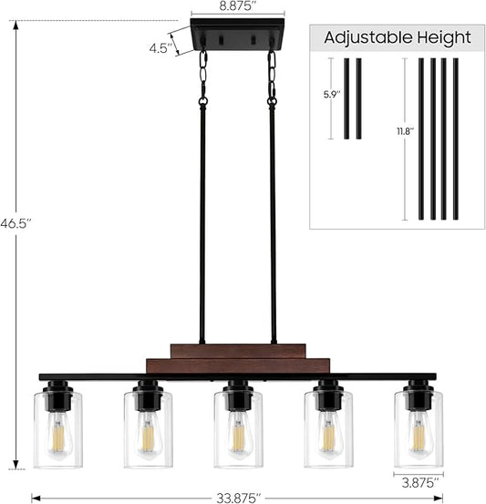 Dining Room Light Fixture Over Table, 5-Light Farmhouse Chandeliers for Dining Room Hanging, Linear Pendant Lights Kitchen Island Lighting, Wood Ceiling Light Fixture with Clear Glass Shade, Black