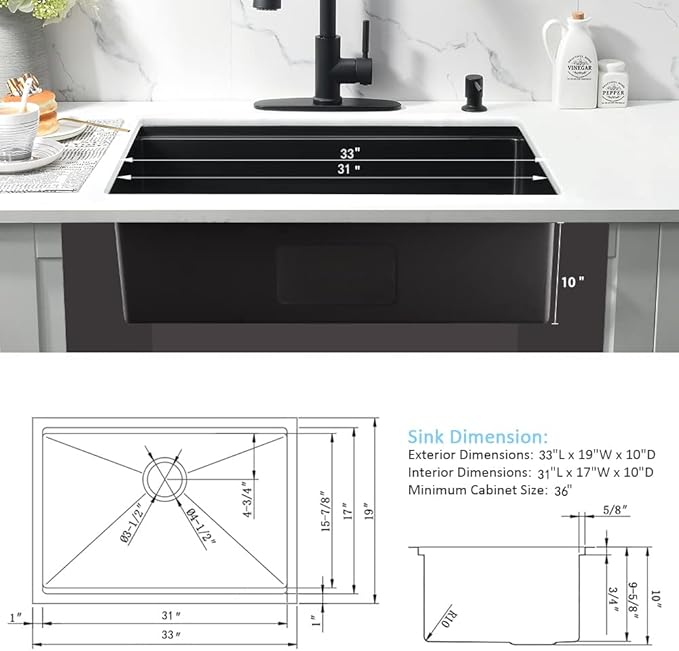 33 Inch Black Undermount Kitchen Sink Workstation-Bokaiya 33x19 Kitchen Sink Undermount Black Stainless Steel 16 Gauge 10" Deep Single Bowl Kitchen Sinks with Cutting Board