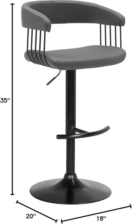 Armen Living Calista Adjustable Height Mid Century Modern Swivel Bar Stool for Kitchen Island Counter in Gray Faux Leather with Black Metal