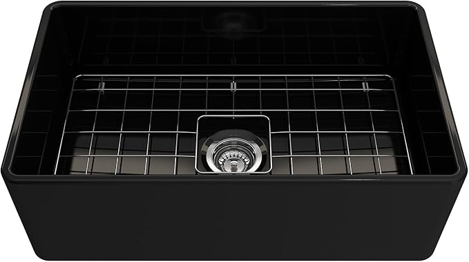 BOCCHI Classico Farmhouse Apron Front Fireclay 30 in. Single Bowl Kitchen Sink with Protective Bottom Grid and Strainer in Black