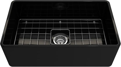 BOCCHI Classico Farmhouse Apron Front Fireclay 30 in. Single Bowl Kitchen Sink with Protective Bottom Grid and Strainer in Black