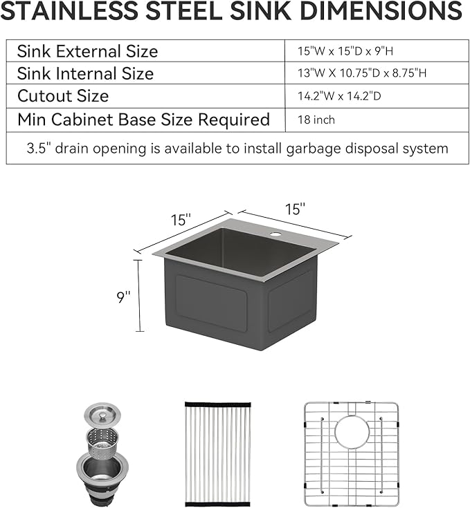 Lordear Stainless Steel Bar Sink 15x15 Inch Drop In Kitchen Sink 16 Gauge Stainless Steel Single Bowl Topmount Small Prep RV Sinks Square Basin