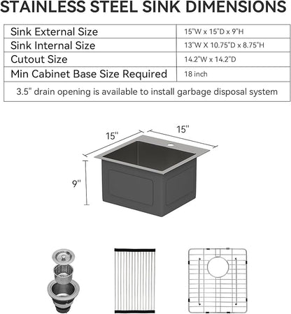 Lordear Stainless Steel Bar Sink 15x15 Inch Drop In Kitchen Sink 16 Gauge Stainless Steel Single Bowl Topmount Small Prep RV Sinks Square Basin