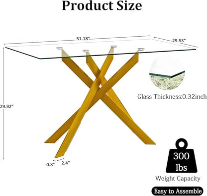 51inch Modern Glass Dining Table for 4, Kitchen Dining Room Table for 4, 0.32" Rectangular Tempered Glass Tabletop and Gold Metal Legs,Rectangle Dinner Tables for Kitchen, Dining Room