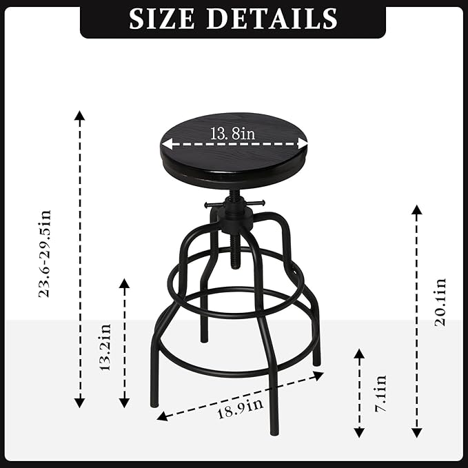 LOKKHAN 4-Pack Industrial Bar Stools, Heavy-Duty Black Metal Frame with Ergonomic Wood Seat, 360° Swivel Function, Height Adjustable (23.6" to 29.5") - Sturdy Design for Home & Commercial Use