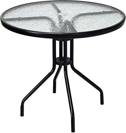 Tangkula 32” Outdoor Dining Table Round, Tempered Glass Top Steel Frame with 1.6 inch Umbrella Hole, All Weather Patio Side Table for Backyard Lawn Balcony Poolside or Garden