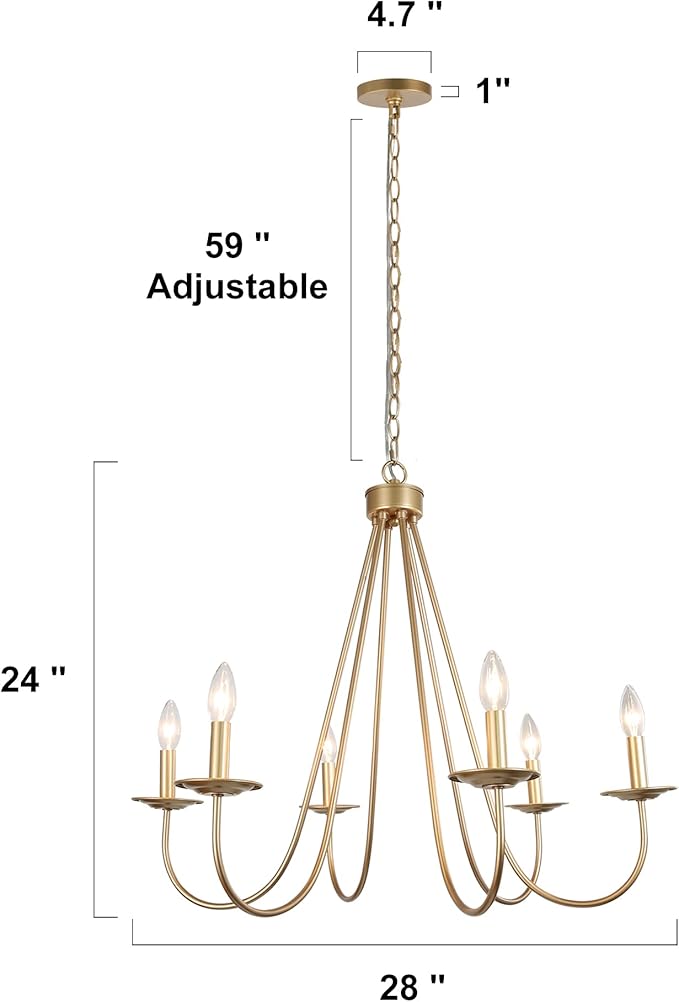 KSANA Modern Gold Chandelier, 6-Light Chandelier Light Fixture, 28’’ Large Hanging Pendant Light for Dining Room, Living Room & Kitchen Island, Soft Gold Finish