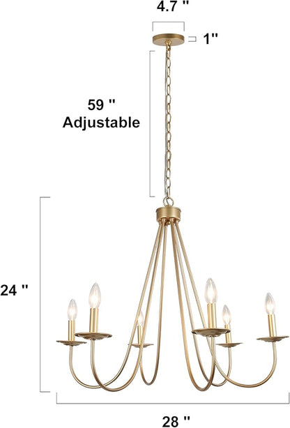 KSANA Modern Gold Chandelier, 6-Light Chandelier Light Fixture, 28’’ Large Hanging Pendant Light for Dining Room, Living Room & Kitchen Island, Soft Gold Finish