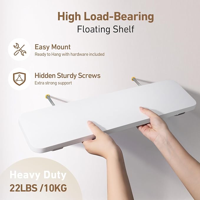 Wooden Floating Shelves for Wall, 22.6" W x 6" D x 0.8" H Large Wall Shelves, Hanging Storage Shelf with Hooks for Living Room, Kitchen, Bathroom, Bedroom Decor, White, 2 Packs