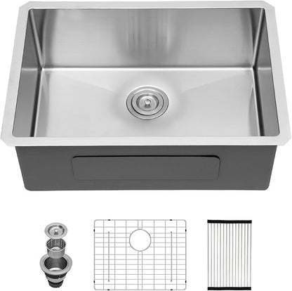 27 Inch Undermount Kitchen Sink 27x18 Stainless Steel Single Bowl Kitchen Sinks 16 Gauge Under Counter Round Corner Handmade Sinks Basin, 27x18x9 Inch