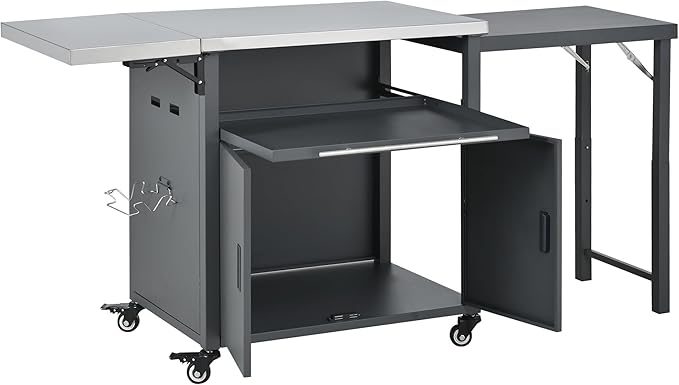 JIJIWANG 73.8" Outdoor Kitchen Island with Stainless Steel Top and Foldable Table, Kitchen Island with Trash and Spice Rack, BBQ Cart with Wheels for Backyard, Patio, Gray