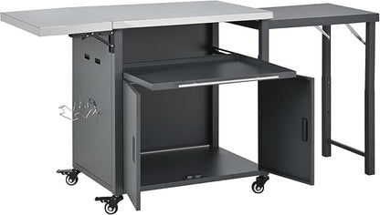 JIJIWANG 73.8" Outdoor Kitchen Island with Stainless Steel Top and Foldable Table, Kitchen Island with Trash and Spice Rack, BBQ Cart with Wheels for Backyard, Patio, Gray