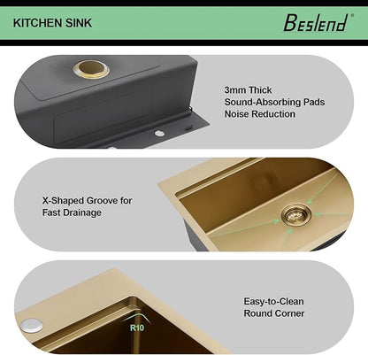 33x22 Drop In Gold Kitchen Sink - Beslend Stainless Steel Ledge Workstation Drop In Kitchen Sinks Gold Sink 16 Gauge Single Bowl Topmount Basin