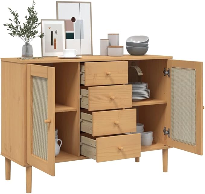 Brown Solid Pine Wood Sideboard, Engineered Wood Rattan Look Buffet Cabinet with 4 Drawers, 2 Sliding Doors, 44.1" Wide for Living Room, Dining Room Kitchen Furniture