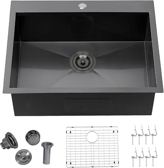 25 x 22 Inch Black Kitchen Sink, Topmount Drop In Stainless Steel Single Bowl Kitchen Sink, 16 Gauge Extra-Thick Modern Bar Prep RV Laundry Sinks with Dish Grid and Basket Strainer