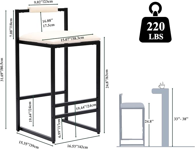 Set of 2 Counter Height Barstools Kitchen Island Stools with Back Modern Armless Metal Legs & PU Upholstered Chairs