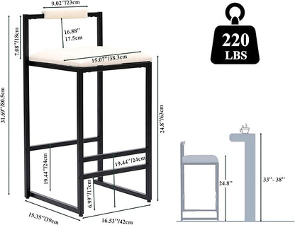 Set of 2 Counter Height Barstools Kitchen Island Stools with Back Modern Armless Metal Legs & PU Upholstered Chairs