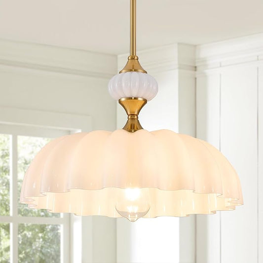 White Floral Chandelier Pendant Light, 15.7" Adjustable Farmhouse Kitchen Island Lighting, Vintage Glass Flower Ceiling Fixture for Dining Room, Bedroom, Hallway