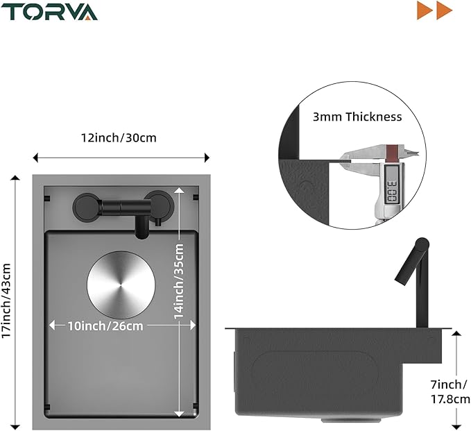 TORVA RV Sink, 12 x 17 Inch Undermount Bar Sink Premium Stainless Steel RV Kitchen Sinks with Hideaway Faucet, Dark Grey