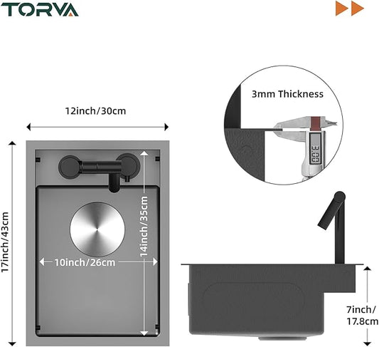 TORVA RV Sink, 12 x 17 Inch Undermount Bar Sink Premium Stainless Steel RV Kitchen Sinks with Hideaway Faucet, Dark Grey