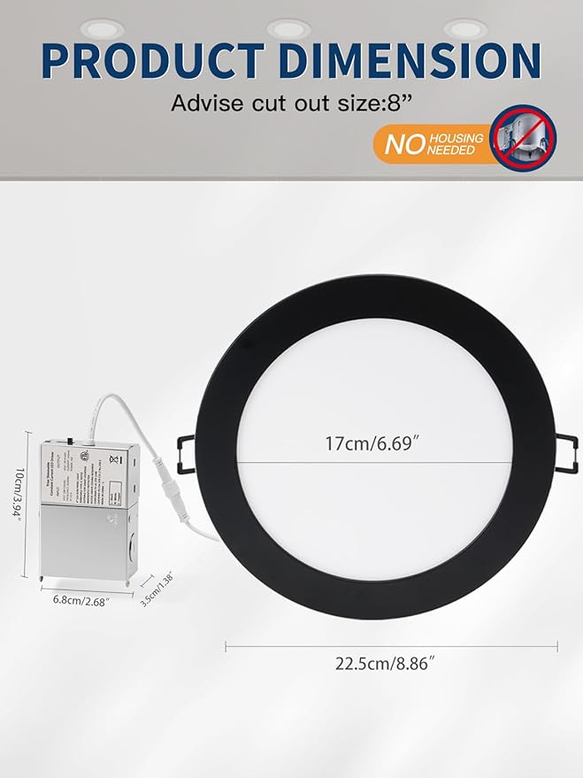 POPANU 8-Inch LED Recessed Lights Fixture Recessed Lighting 8 Inch LED Ceiling Light, 18W 1800lm dimmable, 5 CCT 2700K|3000K|3500K|4000K|5000K, Suitable for Llivinng Rooms, Kitchens, 6 Pack Black