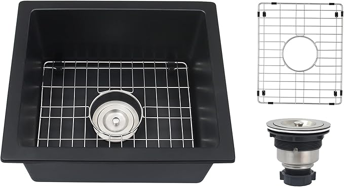 Black Bar Sink Undermount,16 X 18 inch Small Composite Bar Sink,Granite Kitchen & Bar Sinks (Black, 16" X 18")