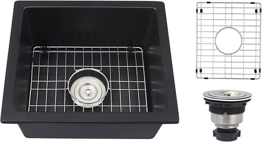 Black Bar Sink Undermount,16 X 18 inch Small Composite Bar Sink,Granite Kitchen & Bar Sinks (Black, 16" X 18")