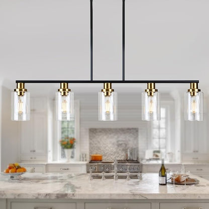 Dining Room Light Fixture,5-Light Farmhouse Linear Chandeliers for Dining Room Over Table，Matte Black and Gold Finish Kitchen Island Pendant Lighting for Kitchen Island，Pool Table Light