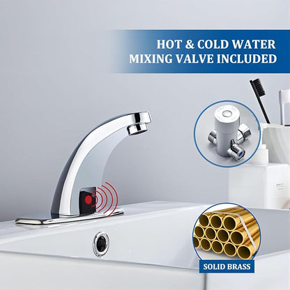 Touchless Bathroom Sink Faucet Automatic Motion Sensor Hands Free Commercial Faucets Chrome with Hot & Cold Temperature Mixing Valve Battery Operated