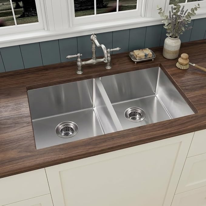 LQS Kitchen Sink 31x18, 31 Inch Undermount Kitchen Sink Double Bowl, Stainless Steel Sink and 50/50 Double Bowl with Two Sink Grids and Two Sink Strainers