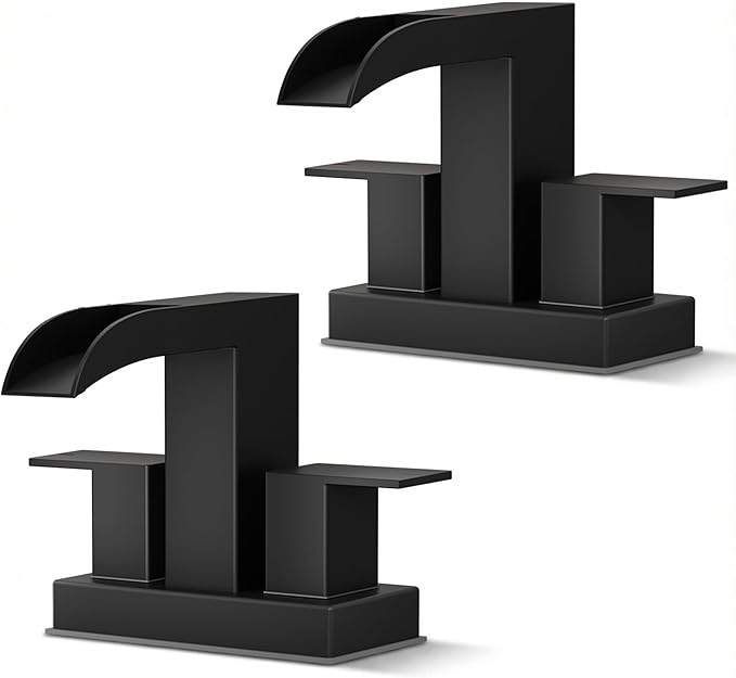 FORIOUS Square Black Bathroom Faucets for 2 Hole or 3 Hole, Waterfall 4 Inch Centerset Bathroom Sink Faucet with Metal Pop-up Drain and Supply Lines, Two Handles for Vanity, Laundry Room, 2 Pack