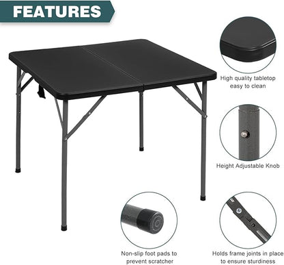 FDW 34" Square Outdoor Dining Table, Foldable Portable Plastic Folding Card Table with Built in Carrying Handle and Height Adjustable for Party and Wedding Use, Black