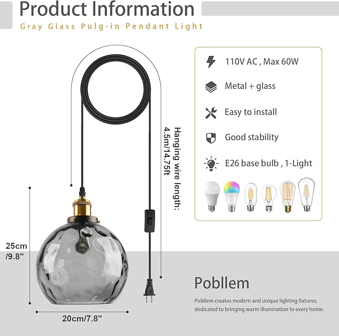 Hanging Lamp Smoke Gray Glass Pendant Light Plug in Hammered Glass Globe Pendant Lights Kitchen Island Plug in Ceiling Light with Cord Vintage Hanging Pendant Lamps for Living Room Bedroom