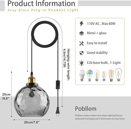 Hanging Lamp Smoke Gray Glass Pendant Light Plug in Hammered Glass Globe Pendant Lights Kitchen Island Plug in Ceiling Light with Cord Vintage Hanging Pendant Lamps for Living Room Bedroom
