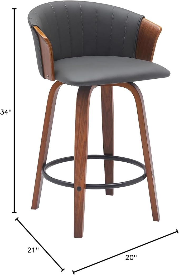 Armen Living Diana 26" Seat Height Mid Century Modern Swivel Walnut Wood Bar Stool for Kitchen Island Counter in Gray Faux Leather